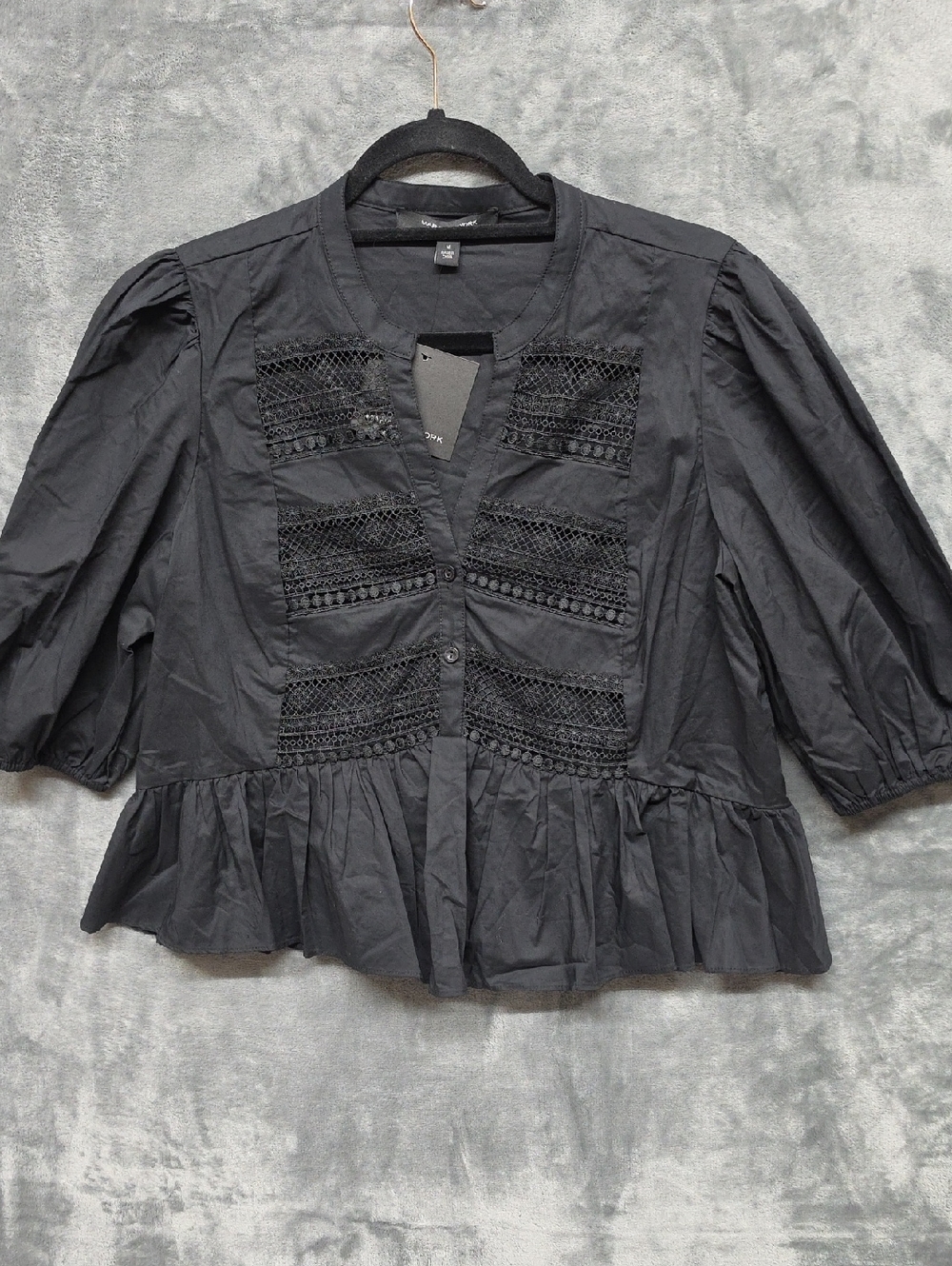 Marc New York Black Lace-Panel Peplum Button-Front Blouse sz Medium